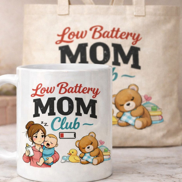 Low Battery Mom Club – Anne Temalı Kupa &amp; Bez Çanta Hediye Seti