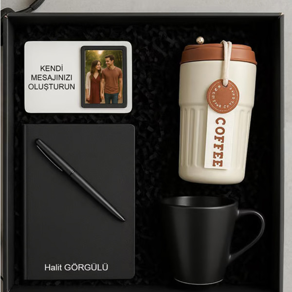 Premium Kişiye Özel Hediye Seti - Dereceli Bardak Termos &amp; Defter &amp; Kalem &amp; Kupa &amp; Çerçeve Kahve