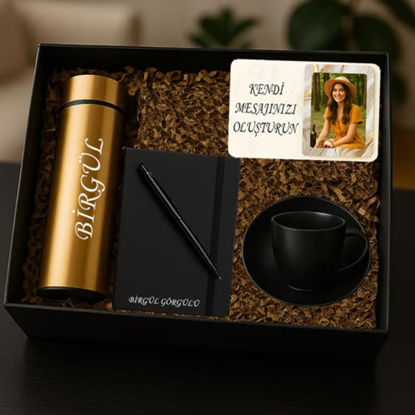 Kişiye Özel isimli Termos defter kalem fincan fotoğraf Gold set (Gold)