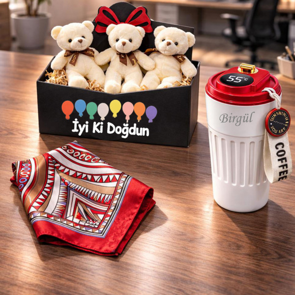 Kişiye Özel İyi Ki Doğdun Ayıcık Buketi Hediye Seti – İsimli Dereceli Termos &amp; Fularlı Özel Kutulu